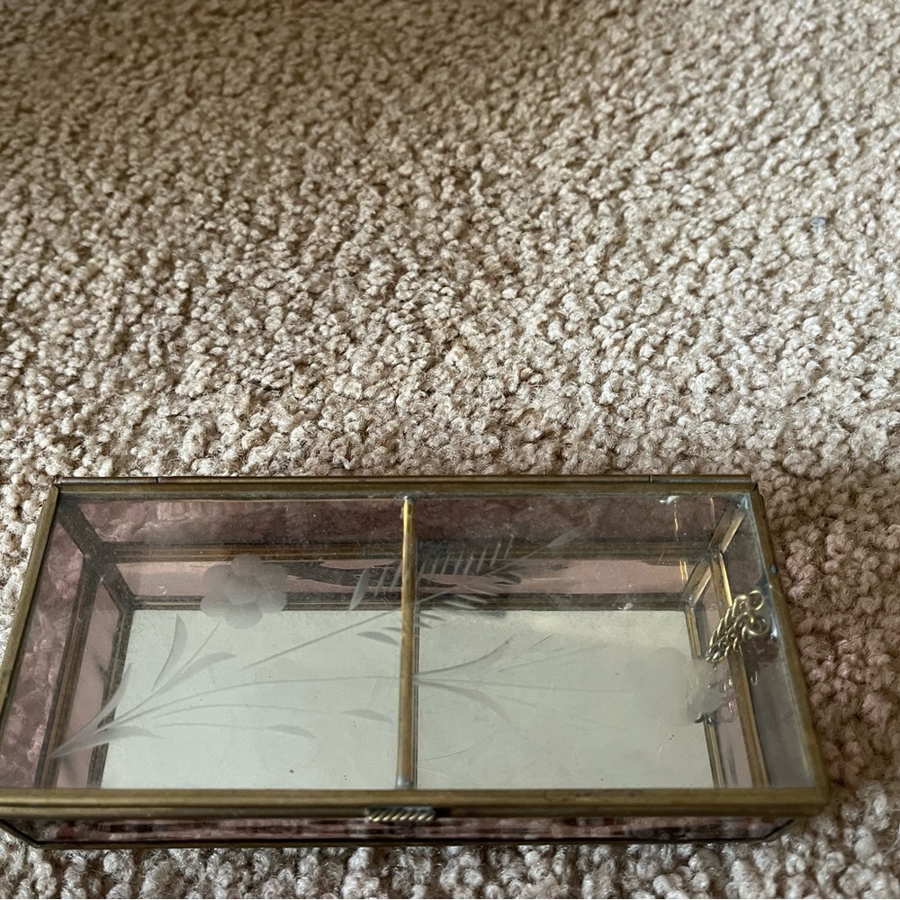 Vintage brass and glass hinged jewelry box with etched flowers
